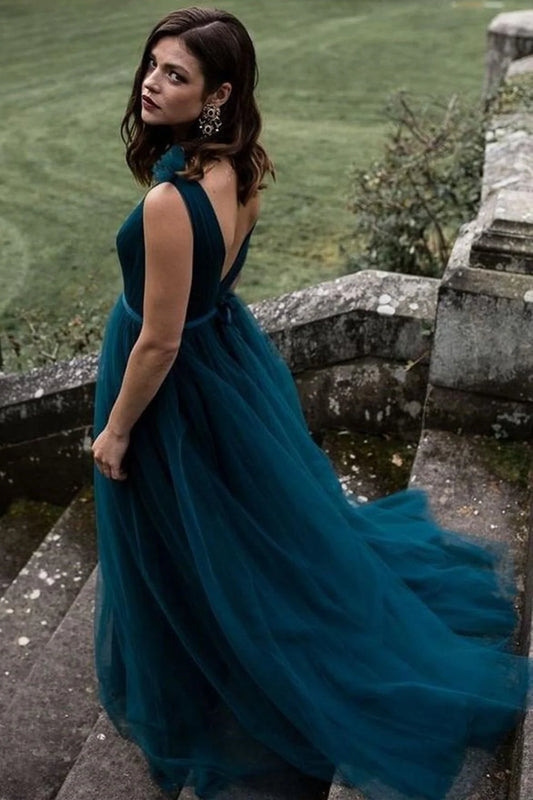 DingJiDress Long Prom Dress Formal Evening Dress A Line V Neck and V Back V Neck Open Back