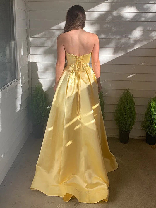 DingJiDress A-Line Prom Dresses Satin Strapless Beaded Pockets Lace Up Back Sleeveless