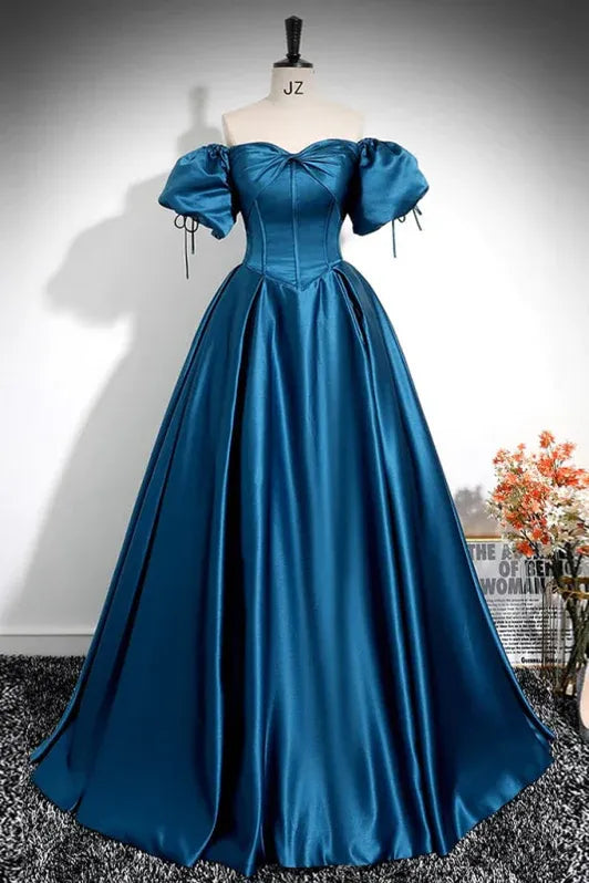 A-Line Off Shoulder Puff Sleeve Pleated Teal Floor Length Prom Dress For Sale