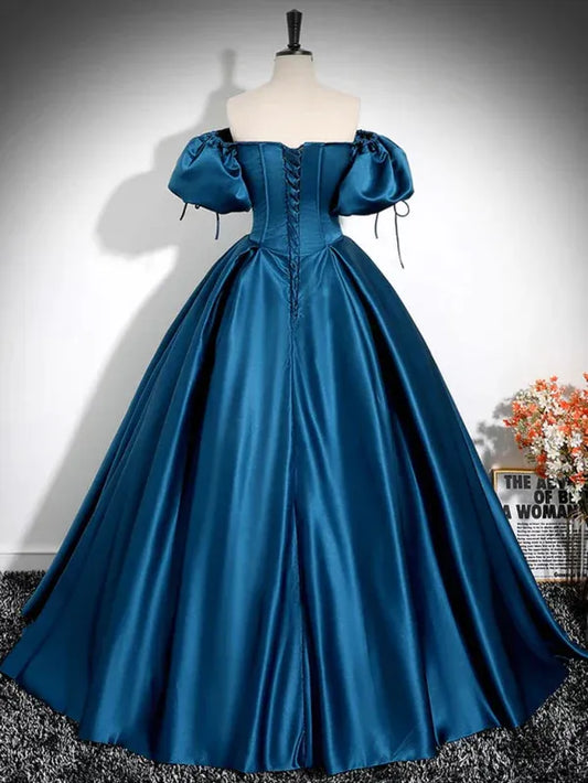 A-Line Off Shoulder Puff Sleeve Pleated Teal Floor Length Prom Dress For Sale
