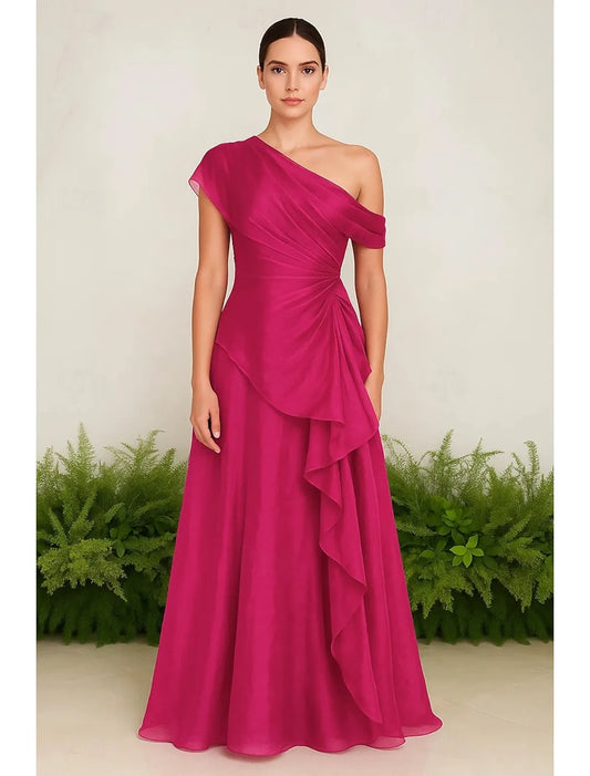 A-Line One-Shoulder Ruched Ruffle Organza Fuchsia Maxi Prom Dress