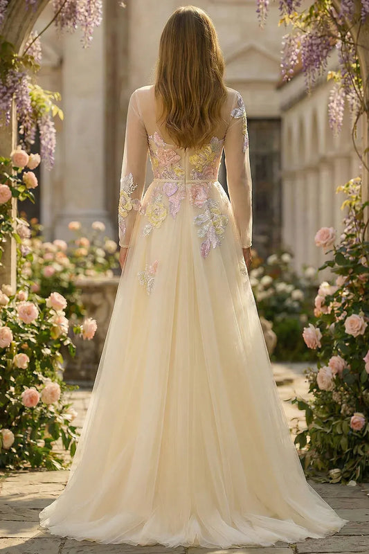A-Line Round Neck Long Sleeve Corset Appliqued Tulle Champagne Maxi Prom Dress