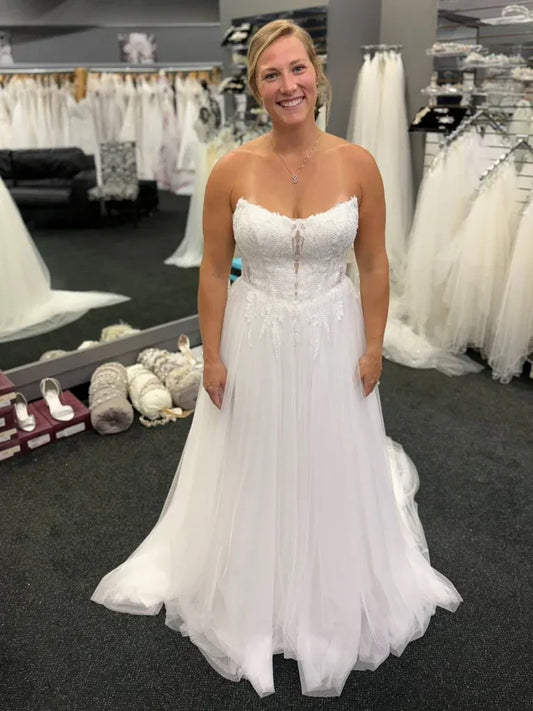 A-Line Strapless Lace Appliqued Tulle White Floor-Length Wedding Dress