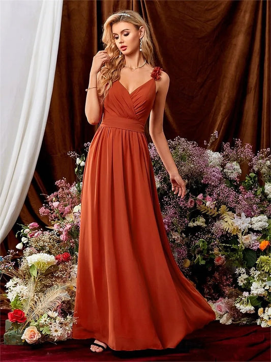 A-Line V-Neck Floral Strap Chiffon Orange Maxi Prom Dress With Tie Back