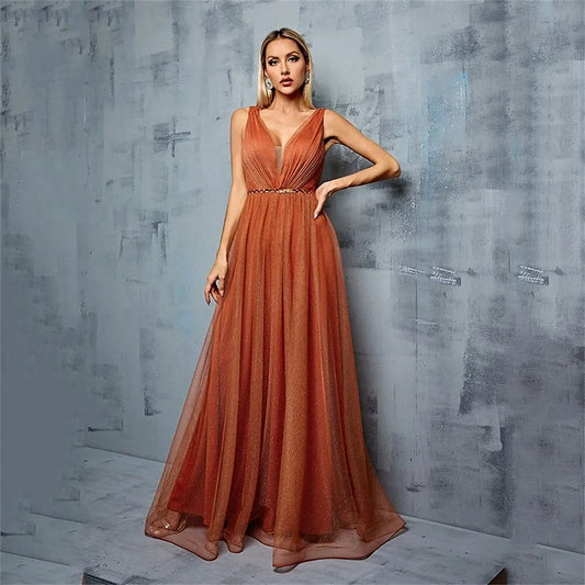 A-Line V-Neck Pleated Beaded Chiffon Tulle Orange Floor Length Prom Dress