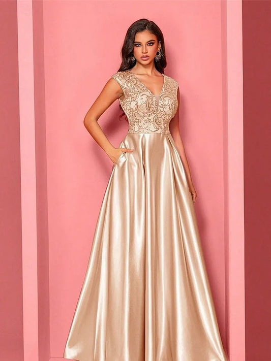 A-Line V-Neck Pleated Sequins Satin Champagne Maxi Prom Dress With Pockets