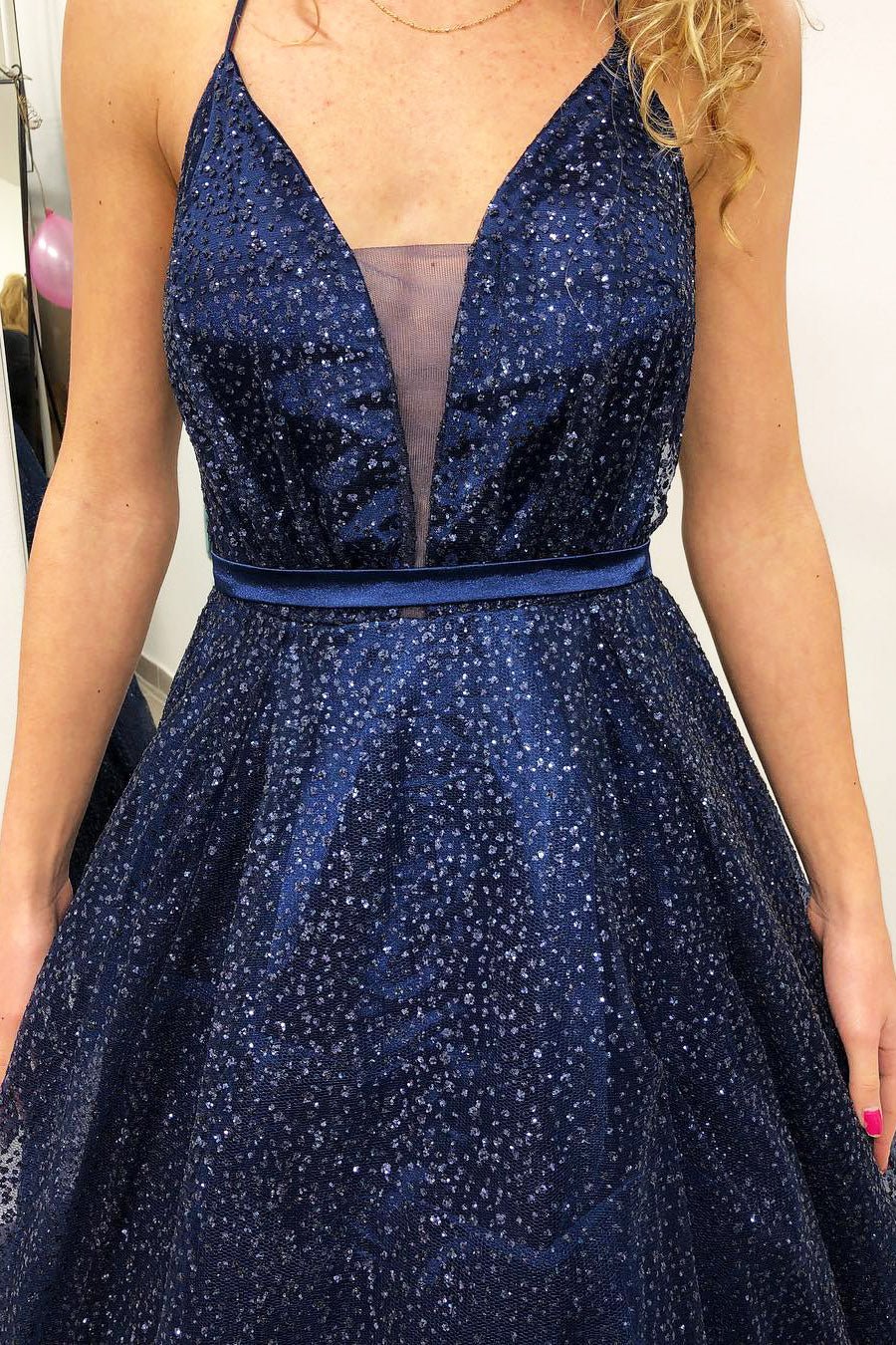 DingJiDress A line Evening Dresses Straps V Neck Prom Dresses Sparkly