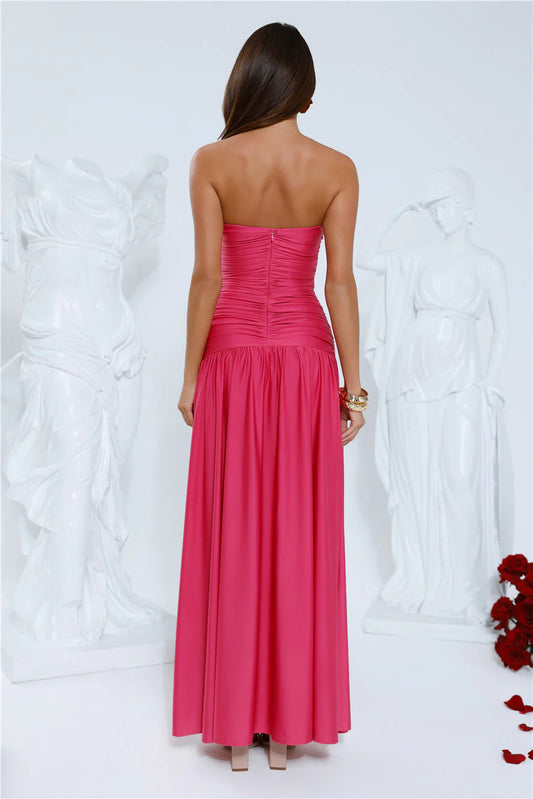 A-line Strapless 3D Flower Pleated Cutout Pink Maxi Prom Dress With Side Slit