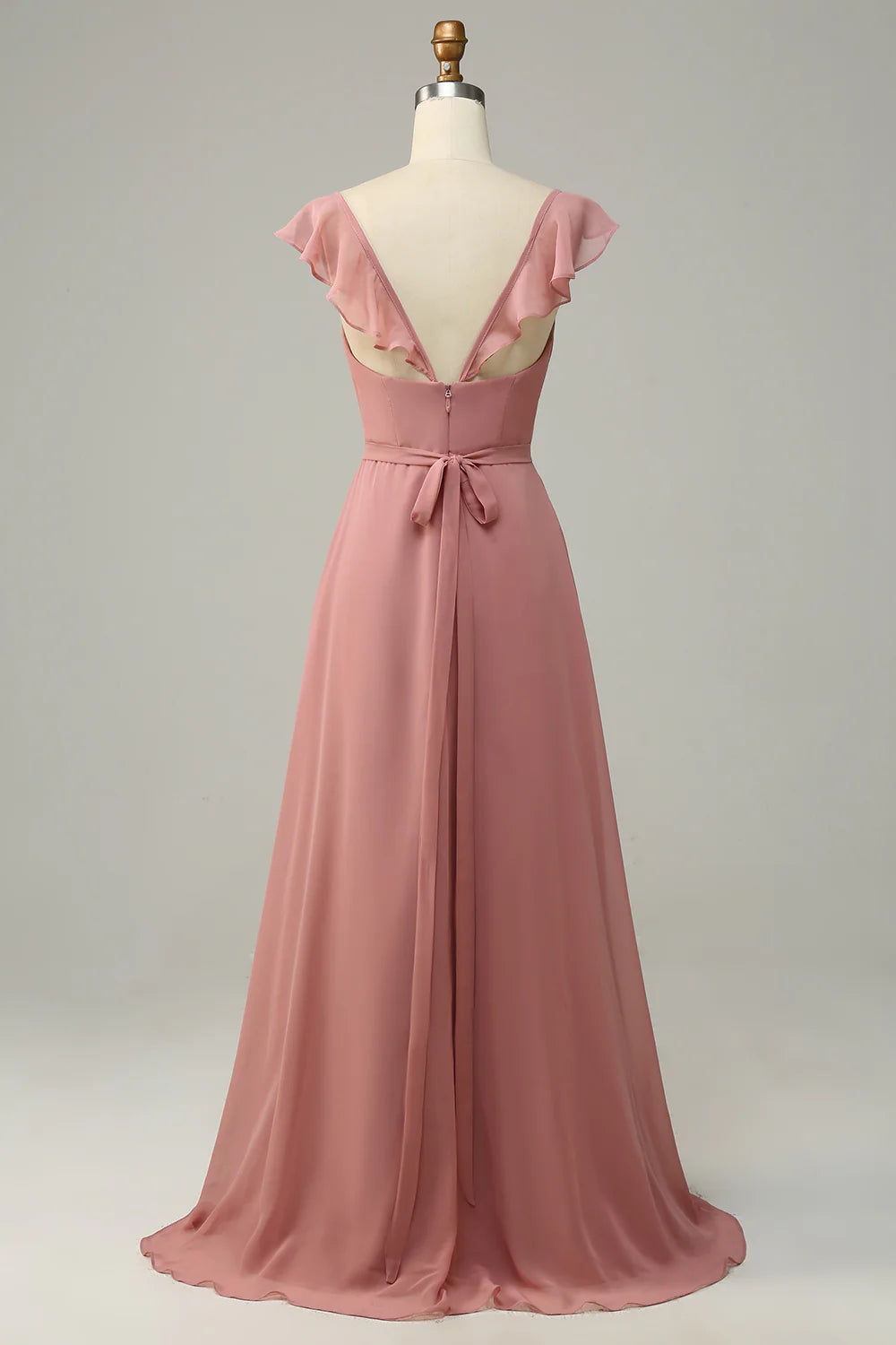 DingJiDress Dusty Rose A Line Ruffles Long Bridesmaid Dress With Slit