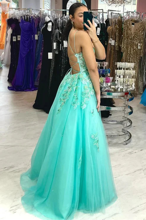 DingJiDress A Line Spaghetti Straps Turquoise Tulle Prom Dress Long Evening Dresses