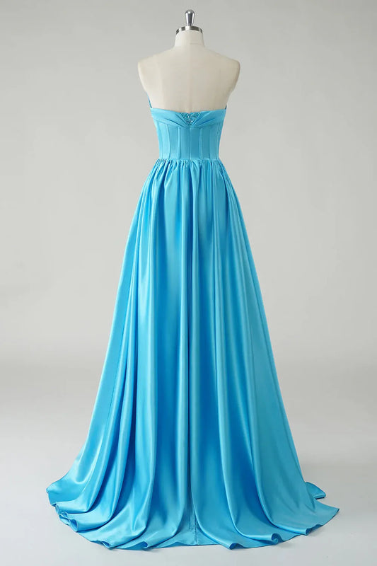 A Line Sweetheart Corset Sequin Beaded Blue Floor Length Prom Dress With Slit