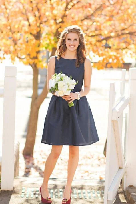 DingJiDress Mini A line Dark Navy Above Knee Satin Short Bridesmaid Dresses Jewel Sleeveless