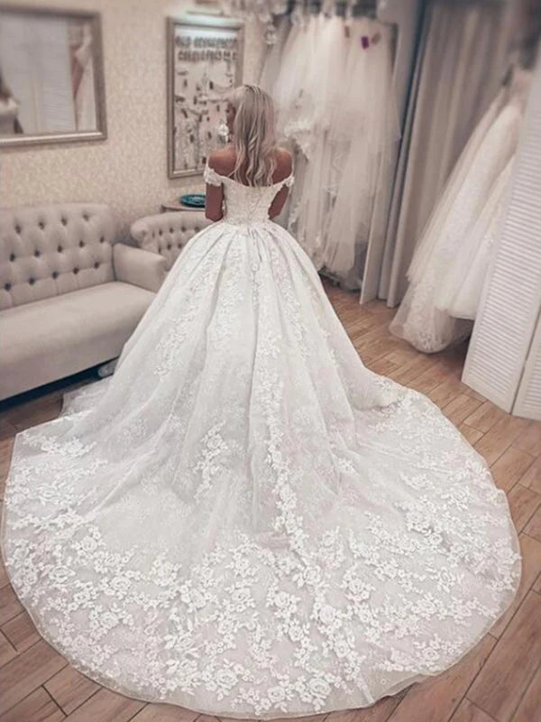 Sweetheart Off The Shoulder Ball Gown Wedding Dresses With Chapel Train