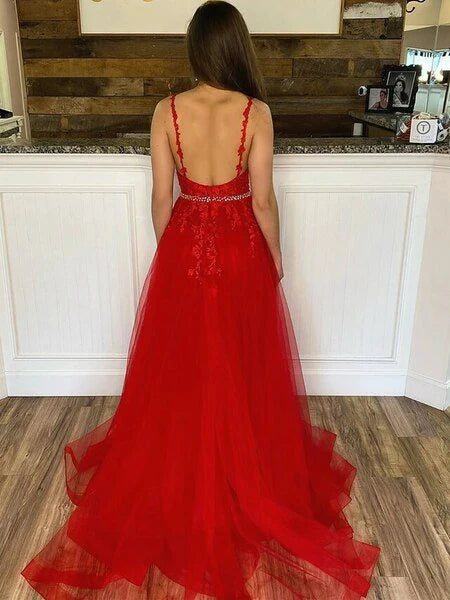 DingJiDress Prom Dress Appliques Straps A-line Red Tulle Beading