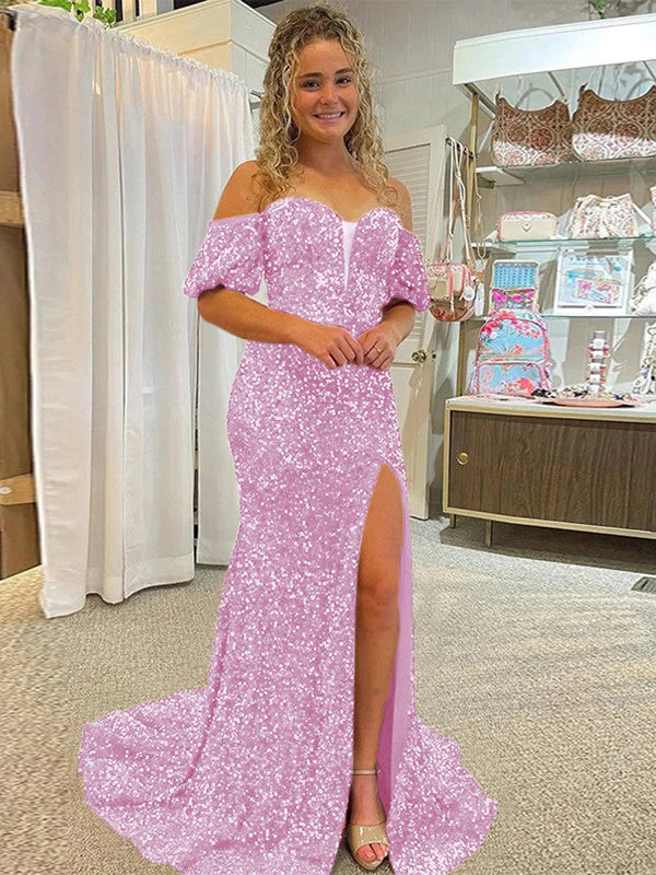 DingJiDress Sheath Off the Shoulder Short Sleeves Long Velvet Sequin Prom Dress