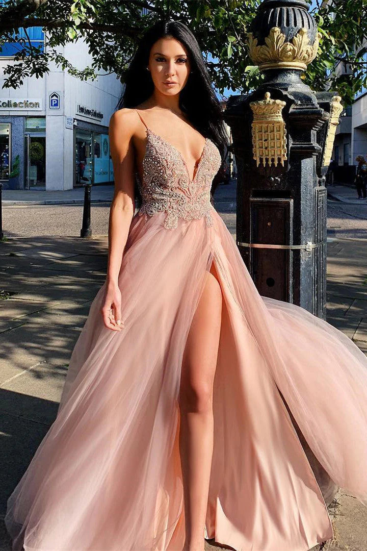 DingJiDress Prom Dresses Backless V Neck Sexy with Slit Beaded Evening Gowns
