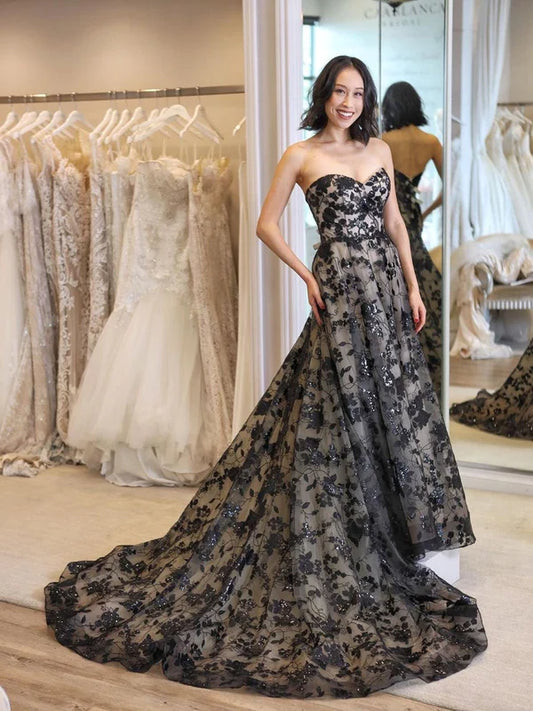 DingJiDress Black and Beige Gothic Lace Sweetheart Wedding Dress