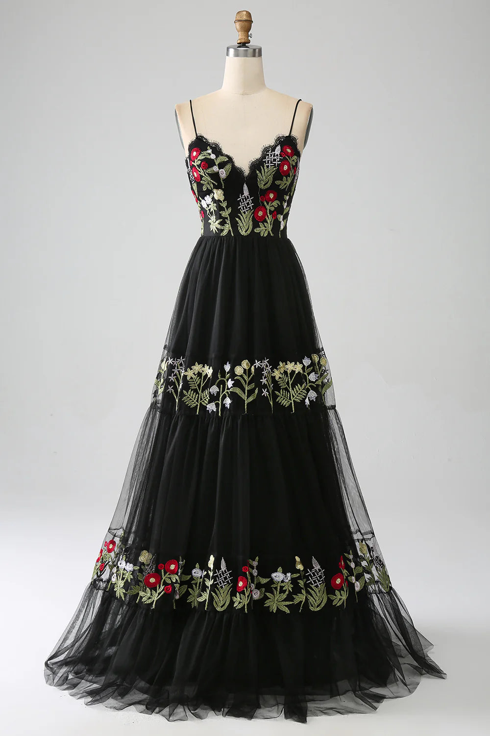 DingJiDress Black A-Line Spaghetti Straps Embroidered Long Corset Prom Dress