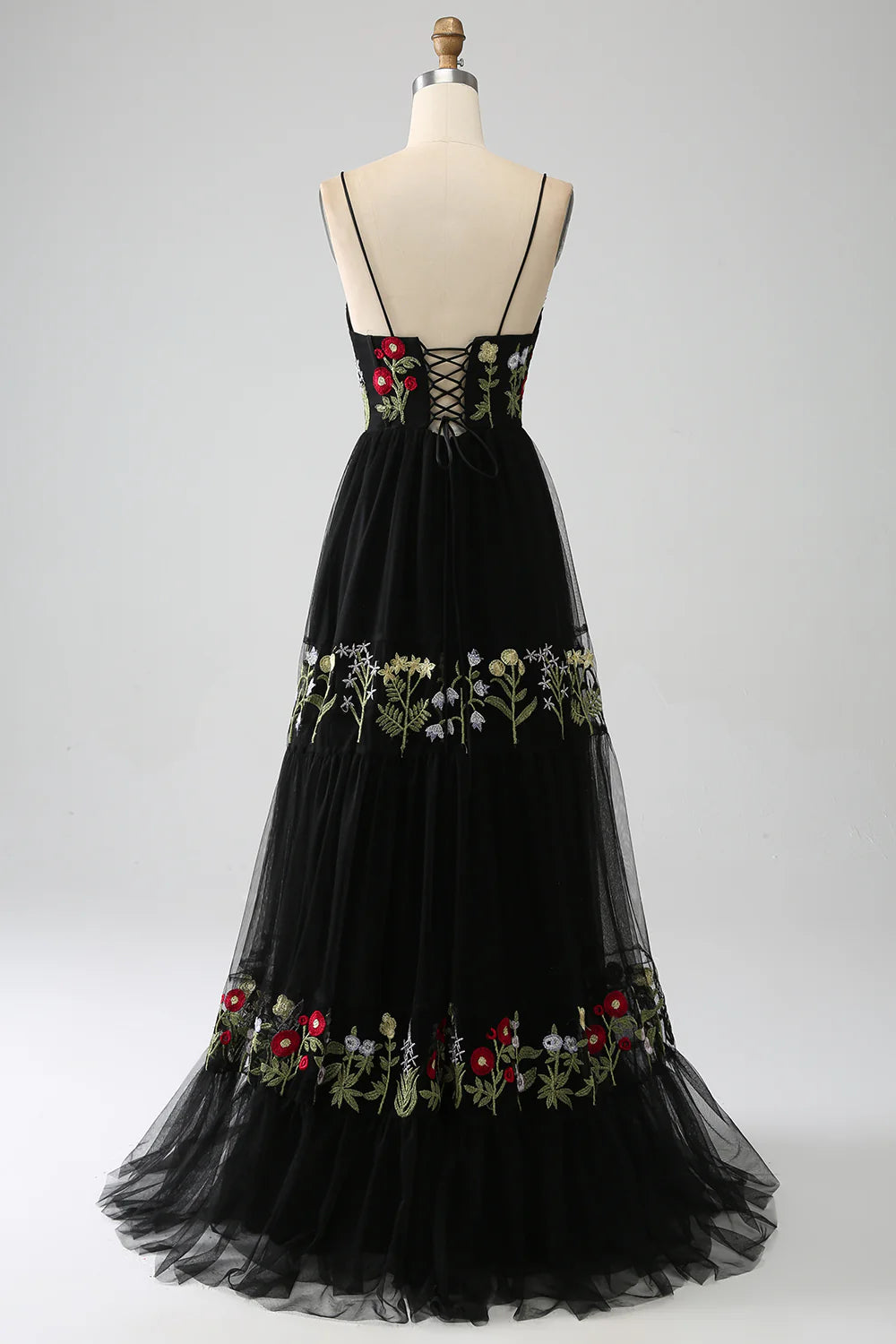 DingJiDress Black A-Line Spaghetti Straps Embroidered Long Corset Prom Dress