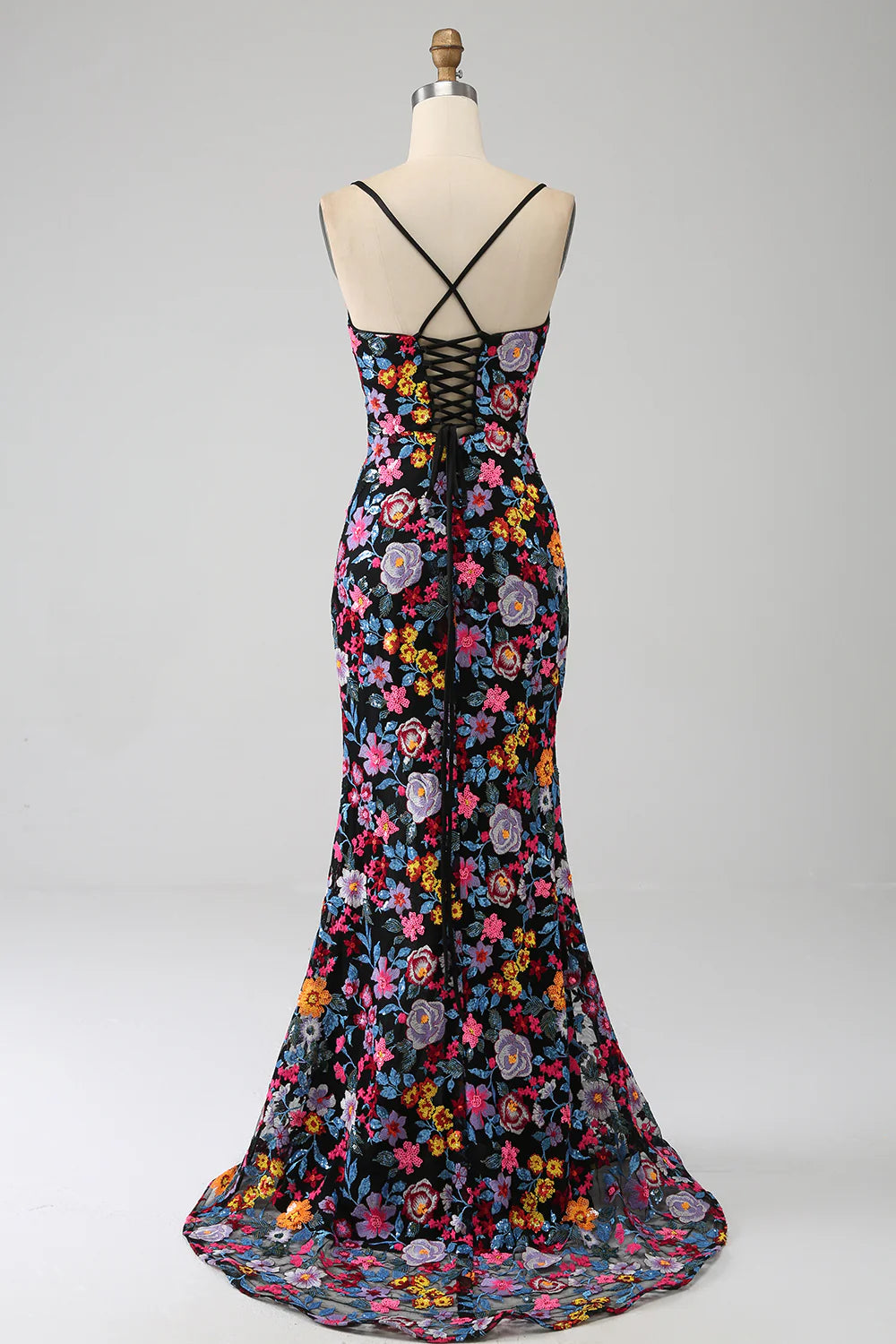 DingJiDress Mermaid Spaghetti Straps Black Flower Embroidered Prom Dress With Side Slit