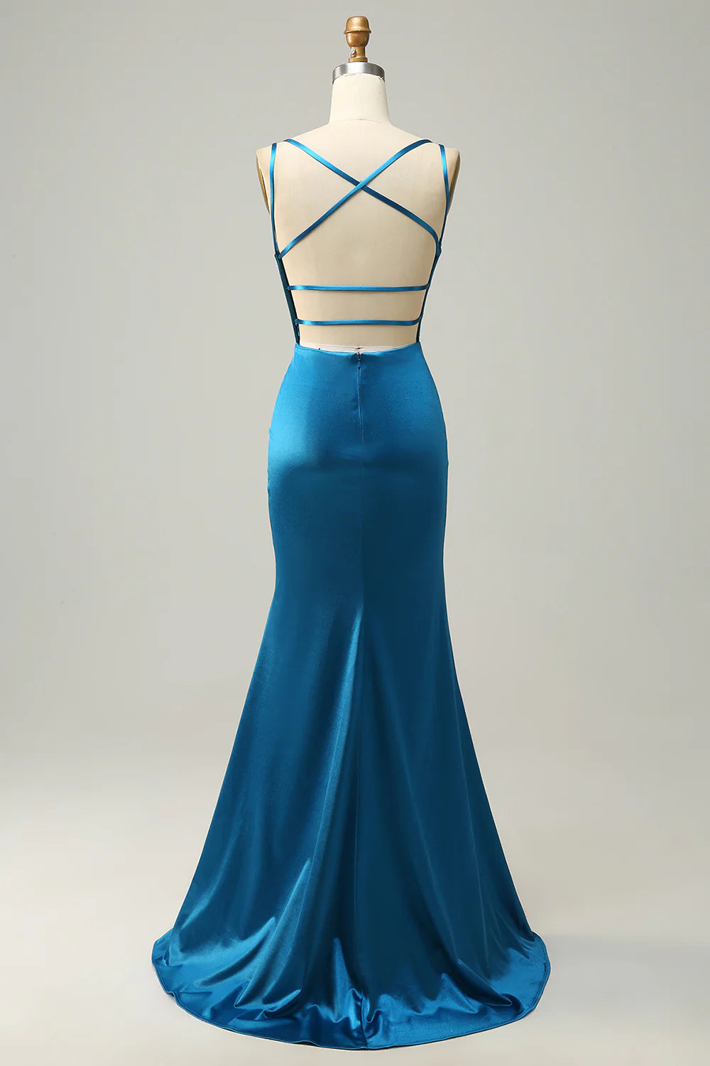 DingJiDress Peacock Blue Mermaid Backless Long Prom Dress