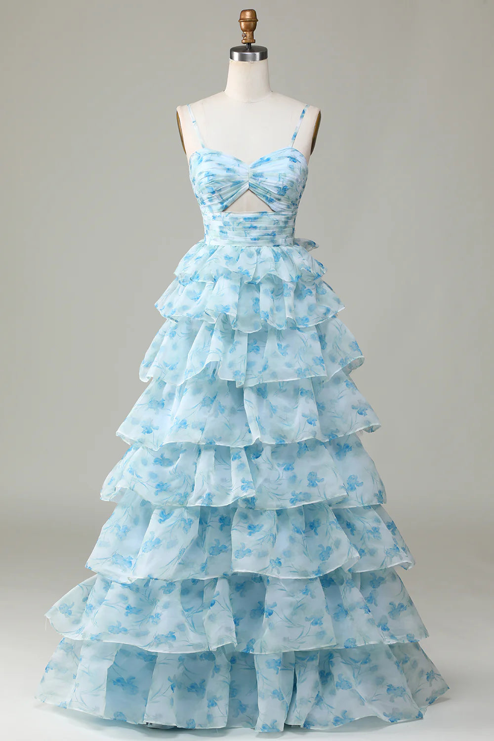 DingJiDress Spaghetti Straps Cut Out Tiered Blue Bridesmaid Dress