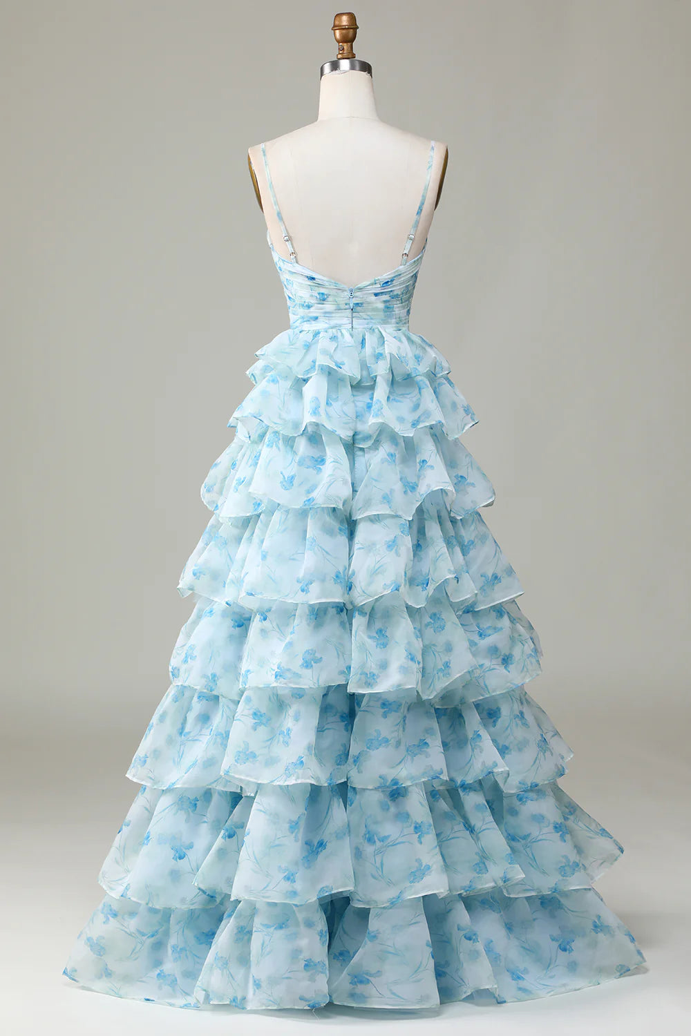 DingJiDress Spaghetti Straps Cut Out Tiered Blue Bridesmaid Dress