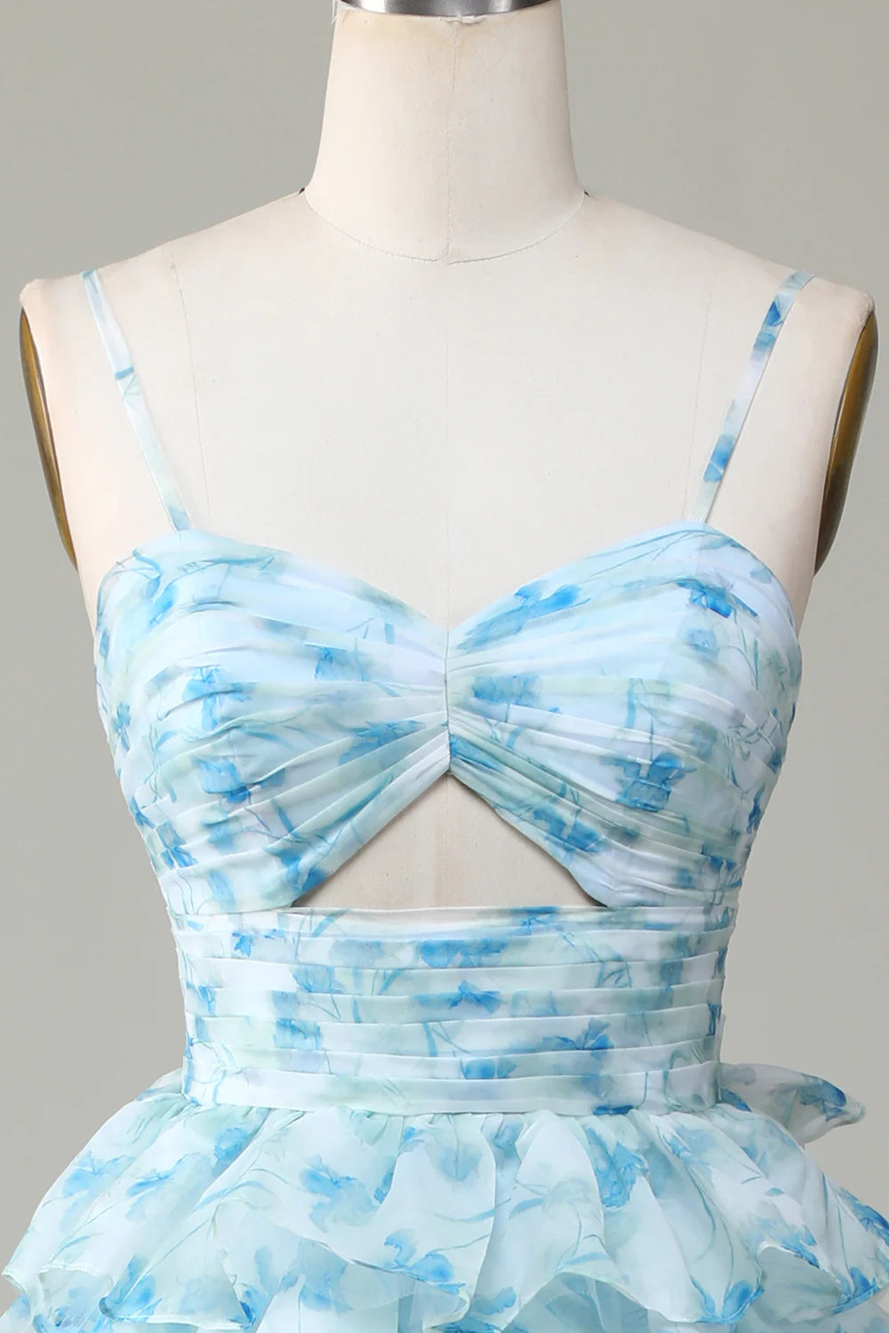 DingJiDress Spaghetti Straps Cut Out Tiered Blue Bridesmaid Dress