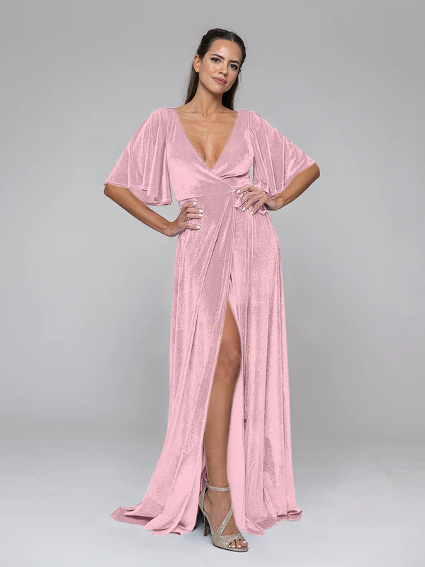 DingJiDress Flutter Sleeve Velvet Wrap Maxi Dress Bridesmaid Dresses