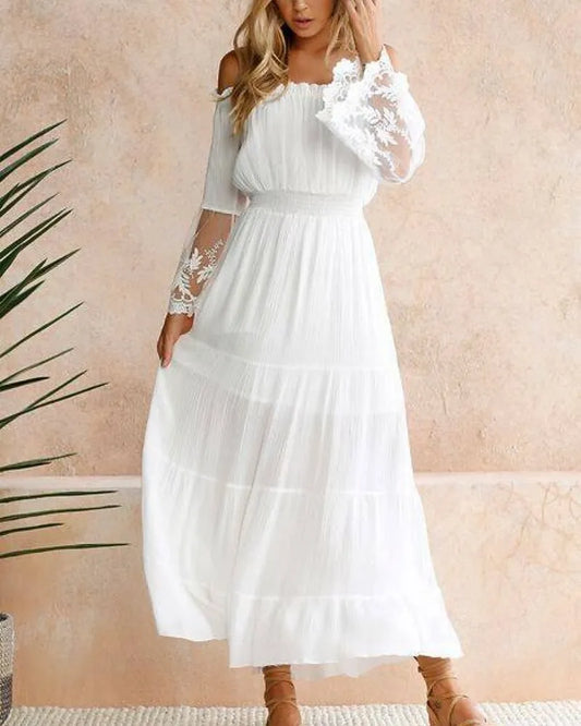 Bohemian A-Line Off-Shoulder 3/4 Sleeve Lace White Maxi Prom Dress for Women Ready to Ship