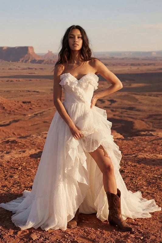 Bohemian A-Line Strapless Ruffled Ruched Ivory Train Wedding Dress