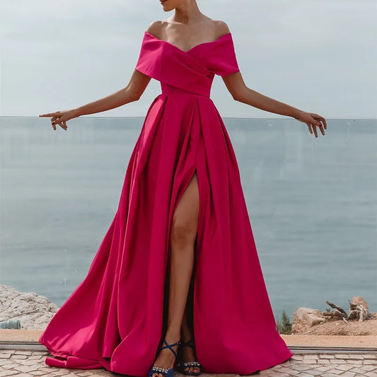 Bold A-line Off-the-shoulder Sleeveless Draped Hot Pink Maxi Prom Dress for Women Ready to Ship