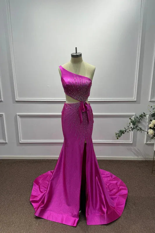 Bold Mermaid One-Shoulder Sleeveless Beaded Hot Pink Maxi Evening Dress for Women Custom