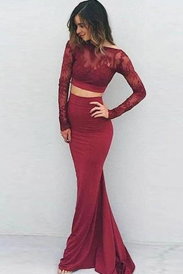 DingJiDress Sexy Two Piece Charming Backless Lace Long Sleeves Prom Dresses