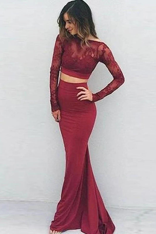 DingJiDress Sexy Two Piece Charming Backless Lace Long Sleeves Prom Dresses