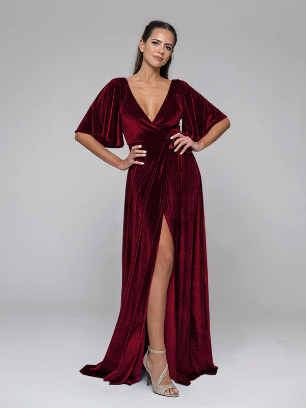 DingJiDress Flutter Sleeve Velvet Wrap Maxi Dress Bridesmaid Dresses