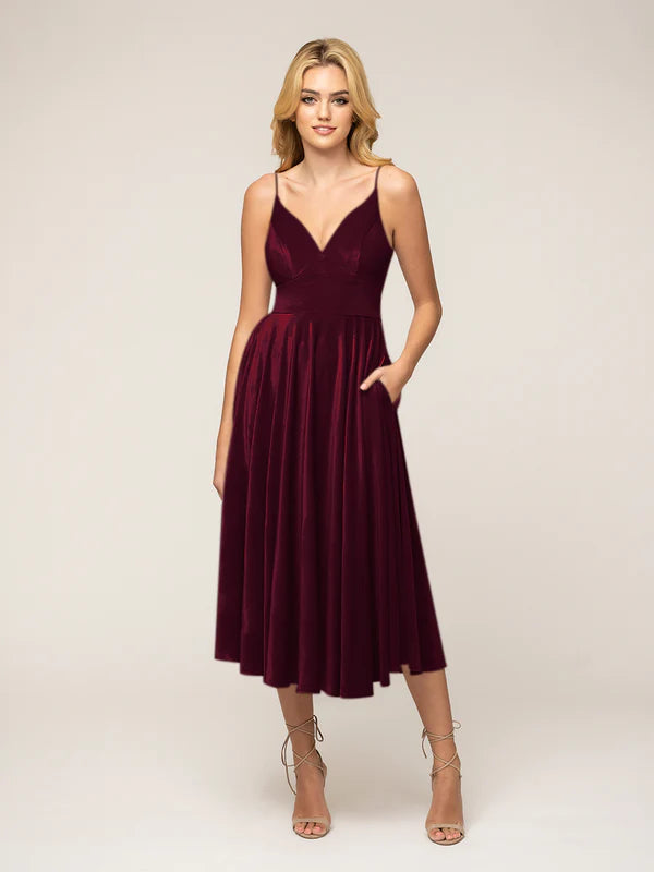 DingJiDress Spaghetti Strap A Line Tea Length Velvet Dress Bridesmaid Dresses