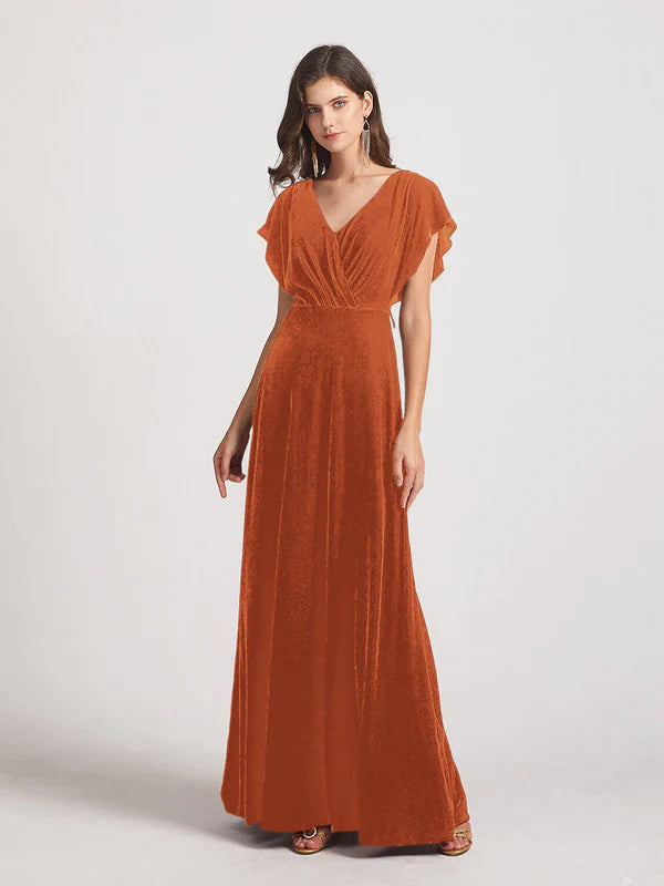 DingJiDress Flutter Sleeve Open Back Velvet Bridesmaid Dresses