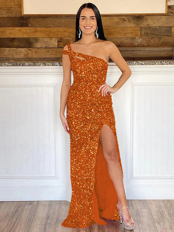 DingJiDress Sheath One Shoulder Sleeveless Long Sweep Train Velvet Sequin Prom Dress