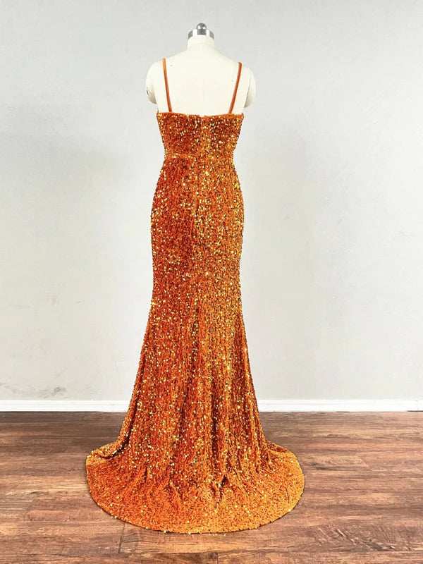 DingJiDress Spaghetti Strap Cowl Neckline Fitted Velvet Sequin Prom Dresses
