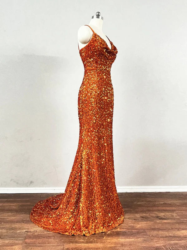 DingJiDress Spaghetti Strap Cowl Neckline Fitted Velvet Sequin Prom Dresses