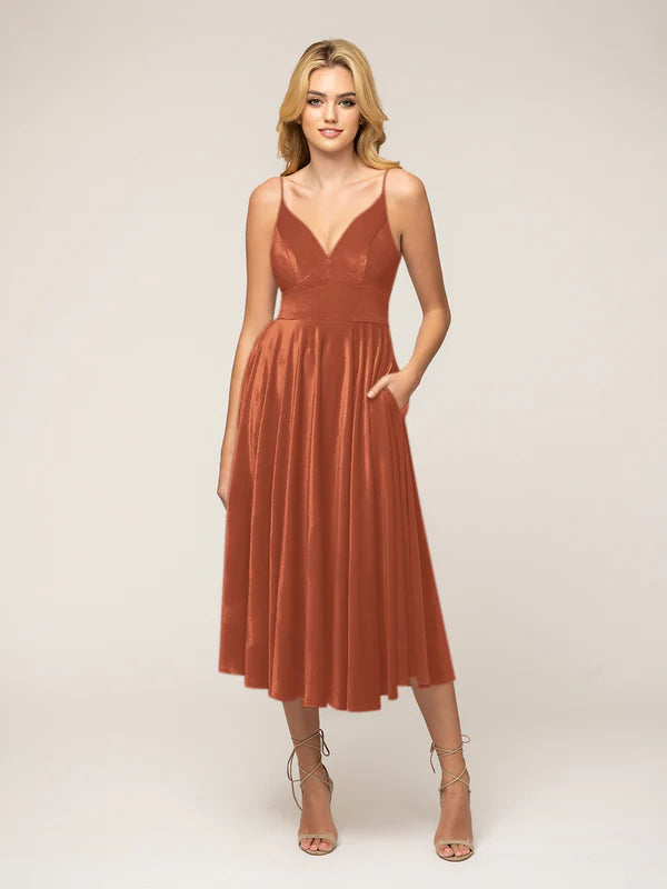 DingJiDress Spaghetti Strap A Line Tea Length Velvet Dress Bridesmaid Dresses