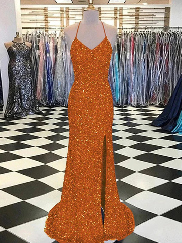 DingJiDress Sheath V-Neck Sleeveless Long Sweep Train Velvet Sequin Prom Dress