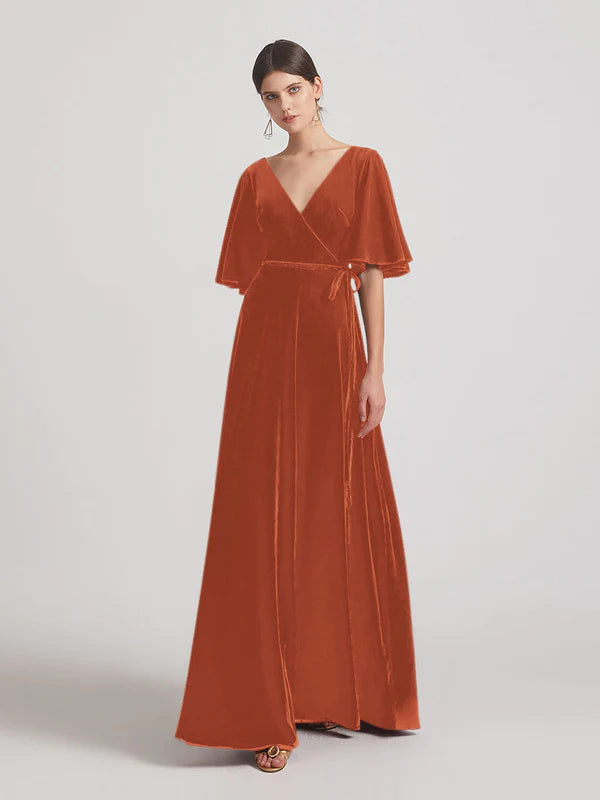 DingJiDress Elbow Length Flutter Sleeve Velvet Maxi Bridesmaid Dresses