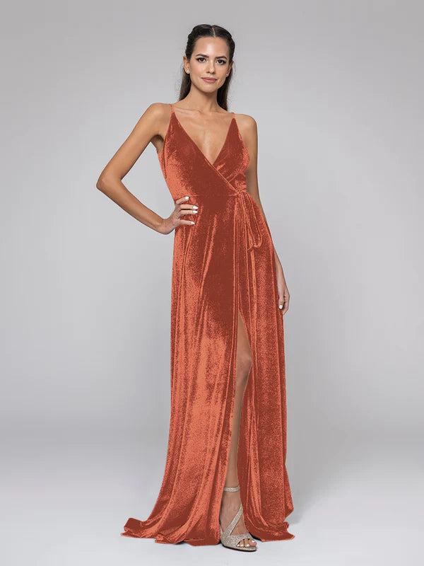 DingJiDress Straps Plunging V Neckline Long Velvet Dresses Bridesmaid Dresses