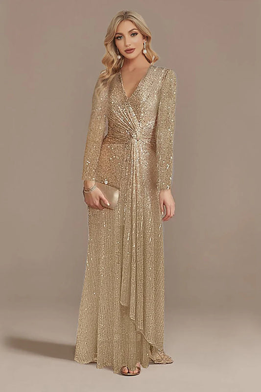 DingJiDress Elegant Glitter Navy V-Neck Mother of the Bride Dress with Long Sleeves Bridesmaid Dresses