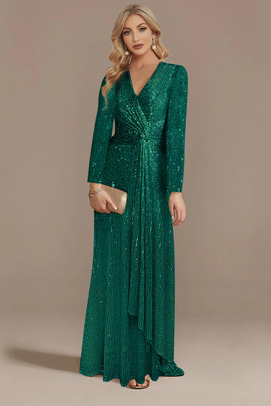 DingJiDress Elegant Glitter Navy V-Neck Mother of the Bride Dress with Long Sleeves Bridesmaid Dresses