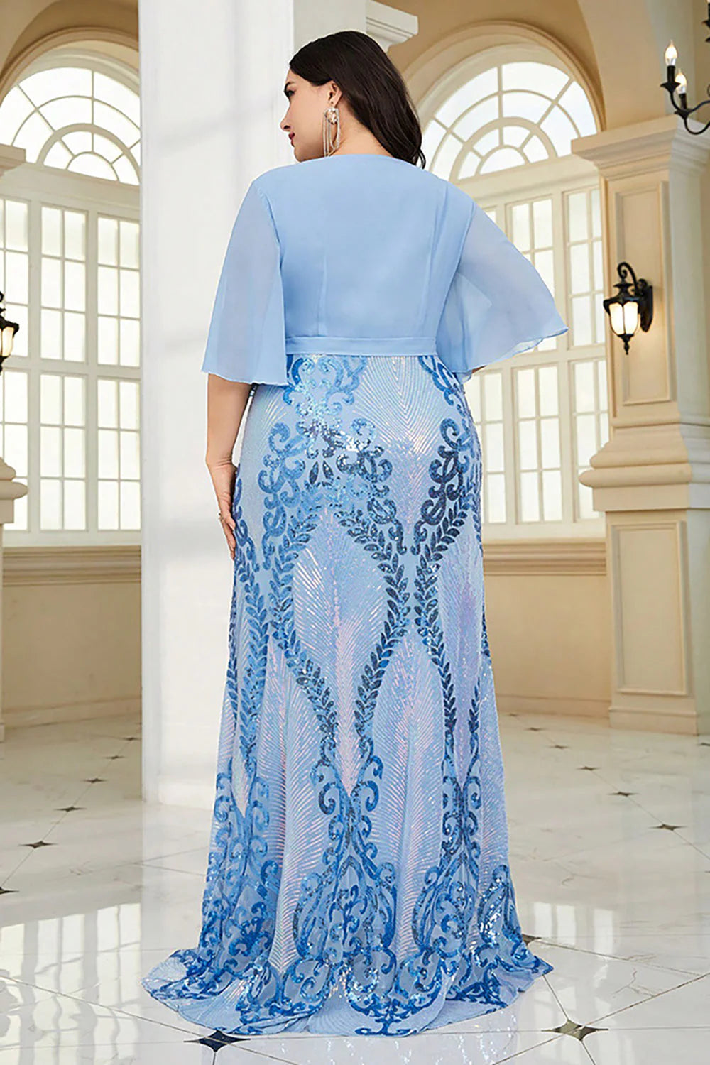 DingJiDress Sparkly Blue Plus Size Floor Length Wedding Party Dress With Short Sleeves