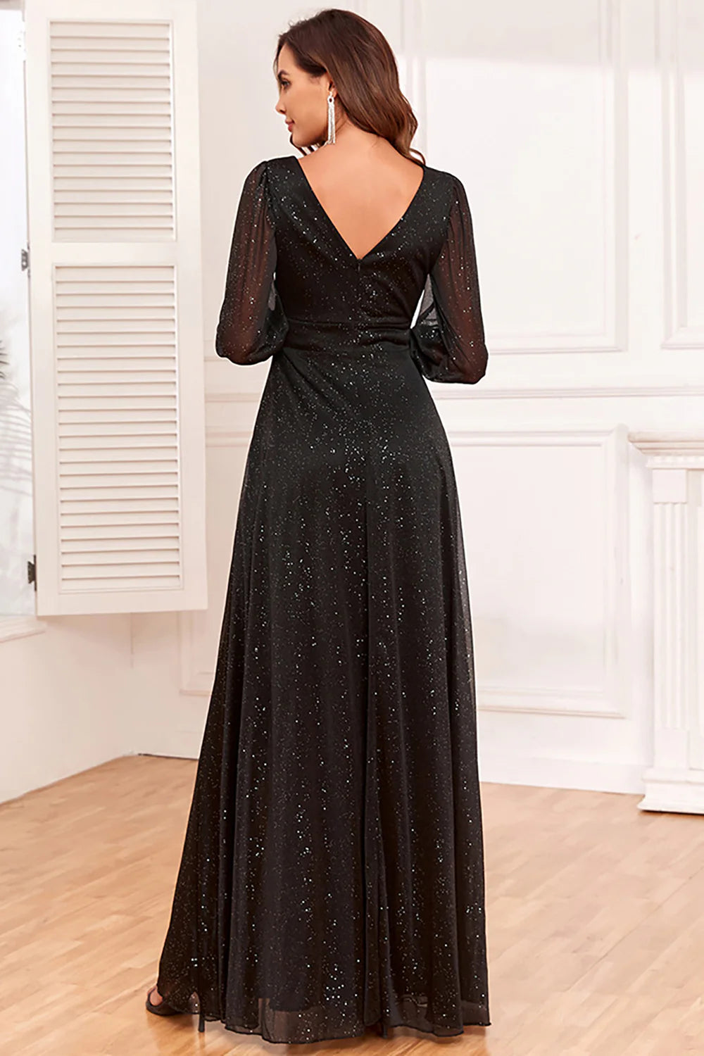 DingJiDress Fall Wedding Guest Dress November Black A Line V Neck Chiffon Evening Dress With Long Sleeves