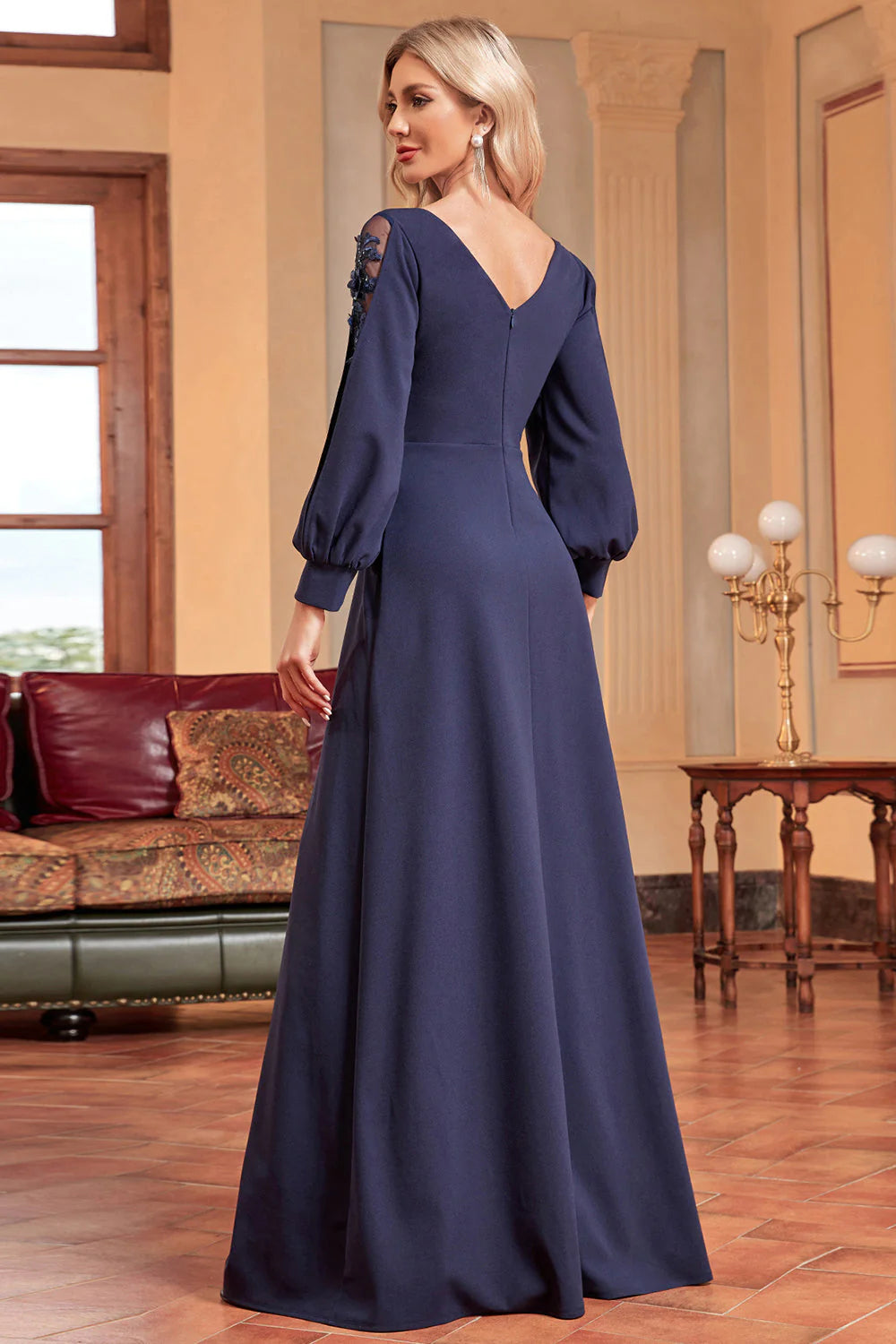 DingJiDress Elegant Navy A-Line Long Sleeves Floor Length Wedding Party Dress with Beading